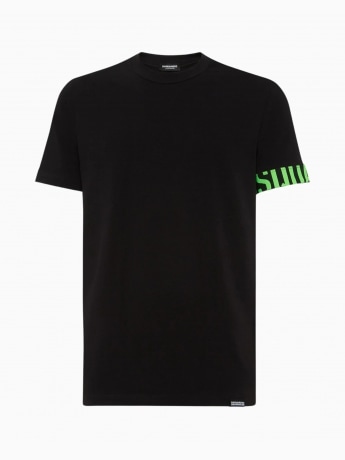 Dsquared2 tshirt nera uomo in cotone elastico sul braccio con logo verde fluo