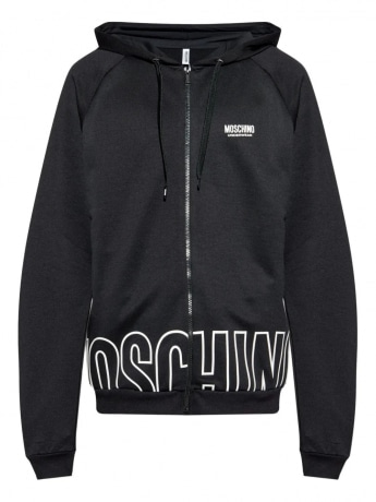 Moschino felpa nera uomo con cappuccio chiusura zip logo lettering a contrasto