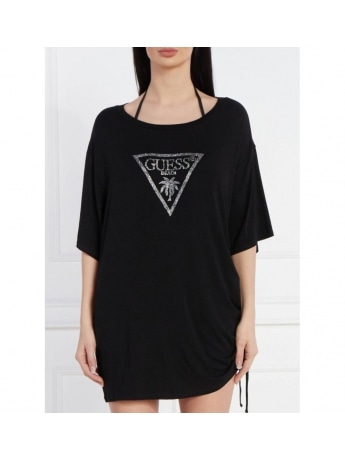 Guess tshirt nera donna in cotone logo con strass sul davanti