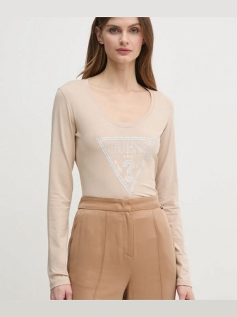 Guess tshirt beige donna in cotone logo con strass sul davanti