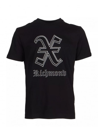 Richmond tshirt nera uomo in cotone maxi logo ricamato a contrasto