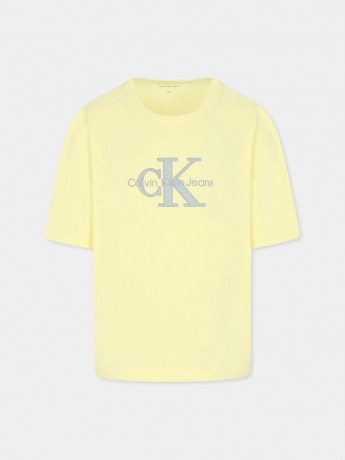 Calvin Klein tshirt gialla bambino in cotone maxi logo ricamato sul davanti