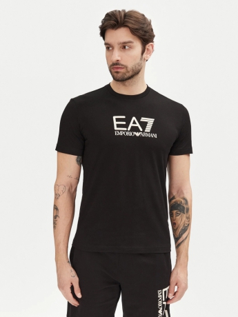 Ea7 tshirt nera beige uomo in cotone stampa logo beige sul davanti a contrasto