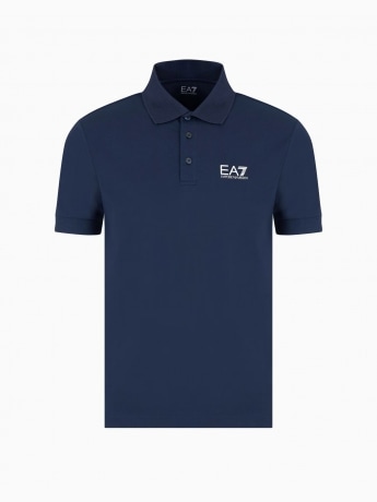 Ea7 polo blu navy uomo in strech di cotone mini logo sul petto e sul retro
