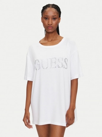 Guess tshirt bianca donna in cotone logo con strass sul davanti