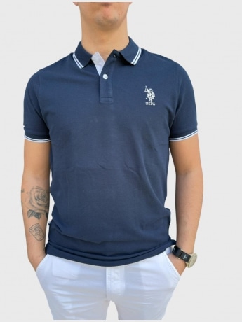 U.s. Polo polo blu navy uomo in piquet di cotone dettagli bianchi logo sul petto