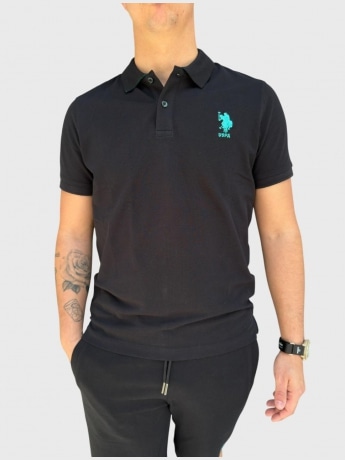 U.s. Polo polo nera uomo in piquet di cotone logo a contrasto
