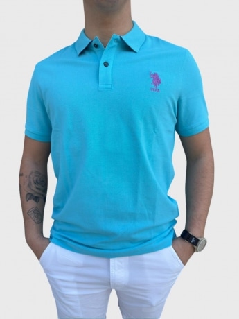 U.s. Polo polo turchese uomo in piquet di cotone logo ricamato sul lato