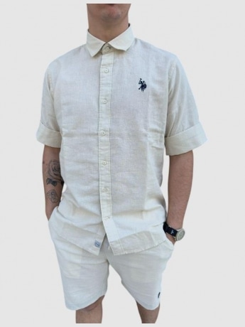 U.s. Polo camicia beige uomo in lino mini logo sul petto