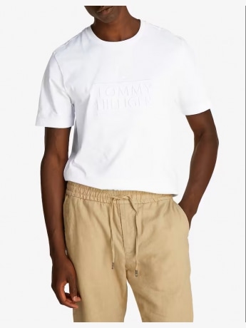 Tommy Hilfiger tshirt bianca uomo in cotone maxi logo in rilievo sul davanti