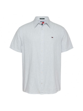Tommy Jeans camicia celeste uomo in lino a righe mini logo sul petto