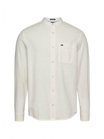 Tommy Jeans camicia bianca uomo in lino collo coreana mini logo sul petto