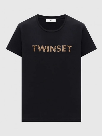 Twinset tshirt nera donna in cotone logo con strass oro sul davanti