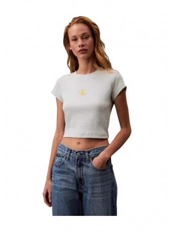 Calvin Klein tshirt ecru donna in cotone a costine crop logo ricamato sul davanti