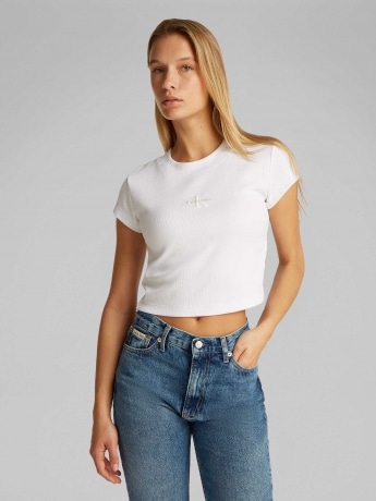 Calvin Klein tshirt bianca donna in cotone a costine crop logo ricamato sul davanti