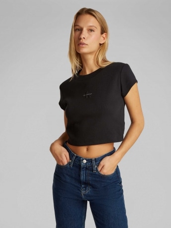 Calvin Klein tshirt nera donna in cotone a costine crop logo sul davanti