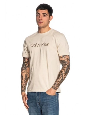 Calvin Klein tshirt beige uomo in cotone logo lettering sul davanti