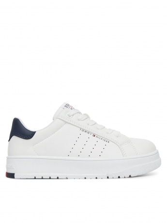 Tommy Hilfiger scarpe bianche bambino in ecopelle con dettagli blu navy sul retro