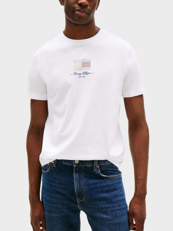 Tommy Hilfiger tshirt bianca uomo in cotone stampa logo sul davanti