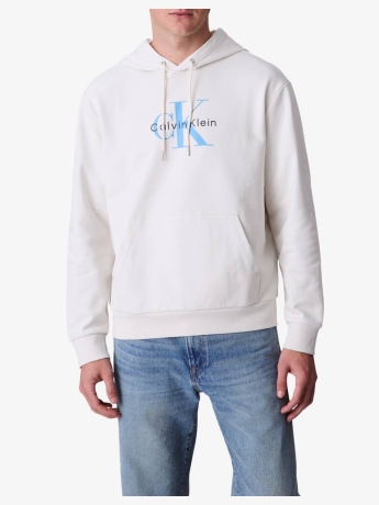 Calvin Klein felpa bianca uomo in cotone con cappuccio maxi logo sul davanti