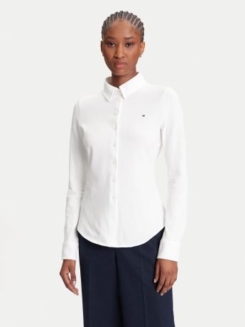 Tommy Hilfiger camicia bianca donna in cotone slim fit mini logo sul petto