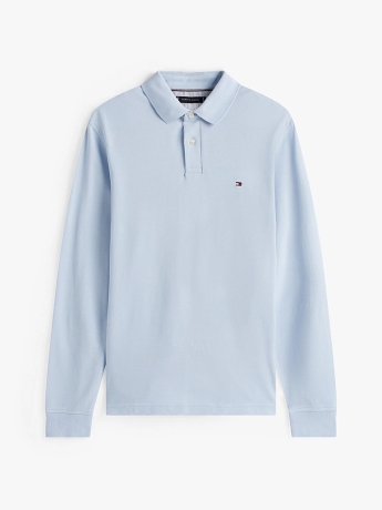 Tommy Hilfiger polo celeste uomo in cotone manica lunga mini logo su petto