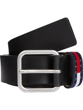 Tommy Jeans cintura nera uomo in pelle fibbia argento logo sul davanti