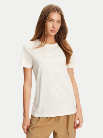 Tommy Hilfiger tshirt ecru donna in cotone logo ricamto sul davanti