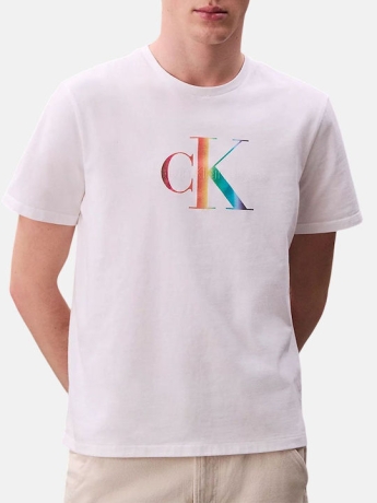 Calvin Klein tshirt bianca uomo in cotone logo multicolor sul davanti