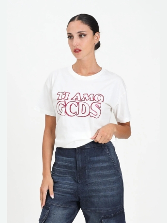 Gcds tshirt bianca bambina in cotone logo a contrasto con glitter