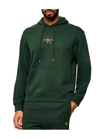 Calvin Klein felpa verde bosco uomo in cotone con cappuccio logo a contrasto