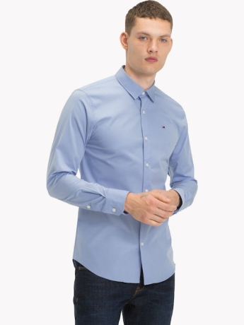 Tommy Jeans camicia celeste uomo in cotone slim fit mini logo sul petto