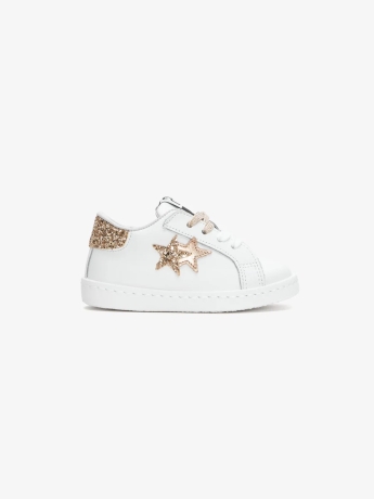 2stars scarpe bianche neonata in pelle glitter oro