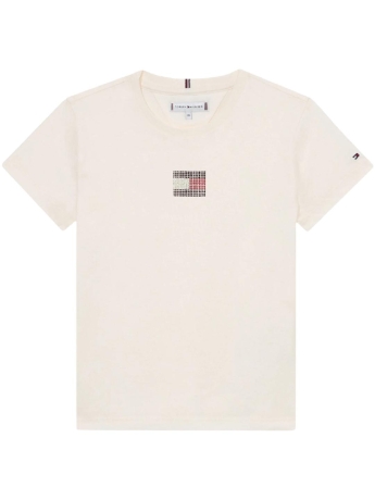 Tommy Hilfiger tshirt ecru bambina in cotone logo con strass sul davanti