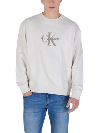 Calvin Klein felpa beige uomo in cotone girocollo maxi logo sul davanti