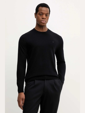 Calvin Klein maglia nera uomo in lana merino mini logo sul petto