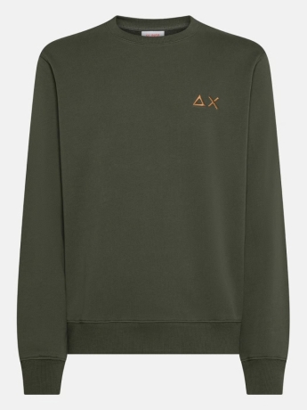 Sun68 felpa verde militare uomo in cotone girocollo logo a contrasto