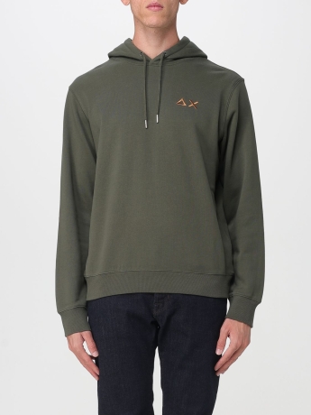 Sun68 felpa verde militare uomo con cappuccio in cotone logo a contrasto