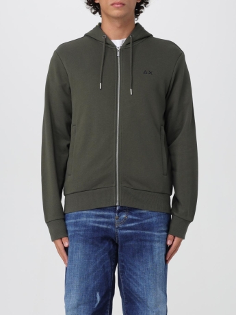 Sun68 felpa verde militare uomo in cotone con cappuccio logo sul petto