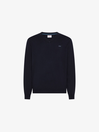 Sun68 maglia blu navy uomo in misto lana scollo v mini logo sul petto