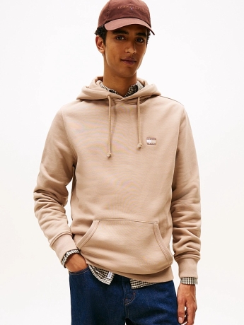 Tommy Jeans felpa beige uomo in cotone con cappuccio patch logo sul petto