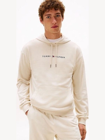 Tommy Hilfiger felpa crema uomo in cotone con cappuccio logo lettering