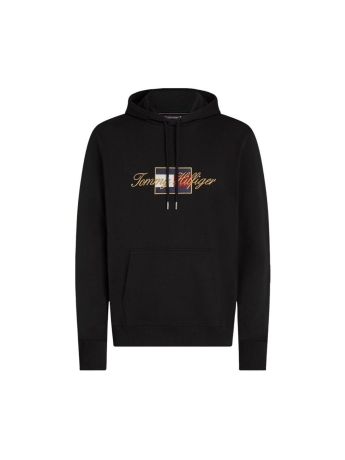 Tommy Hilfiger felpa nera uomo in cotone con cappuccio logo ricamato sul davanti
