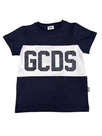 Gcds tshirt blu navy bambino logo a contrasto