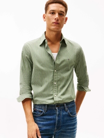 Tommy Hilfiger camicia verde uomo a righe mini logo