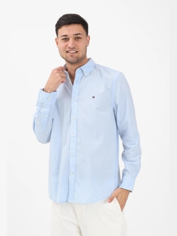 Tommy Hilfiger camicia celeste uomo a righe mini logo