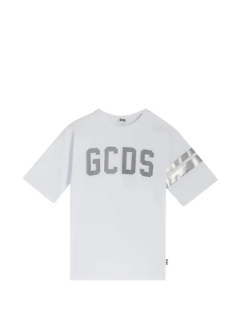 Gcds tshirt bianca bambino logo argento