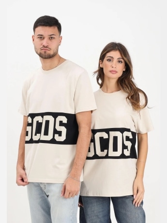 Gcds tshirt crema uomo maxi logo