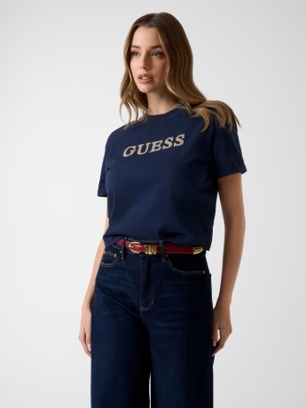 Guess tshirt blu navy donna logo con glitter