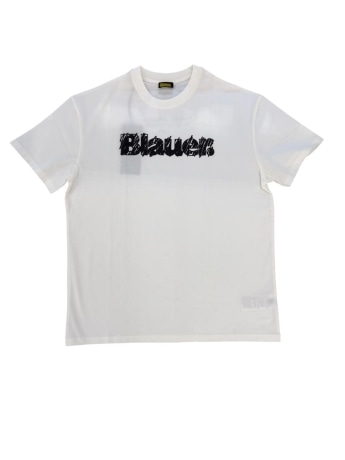 Blauer tshirt bianca bambino logo sul davanti
